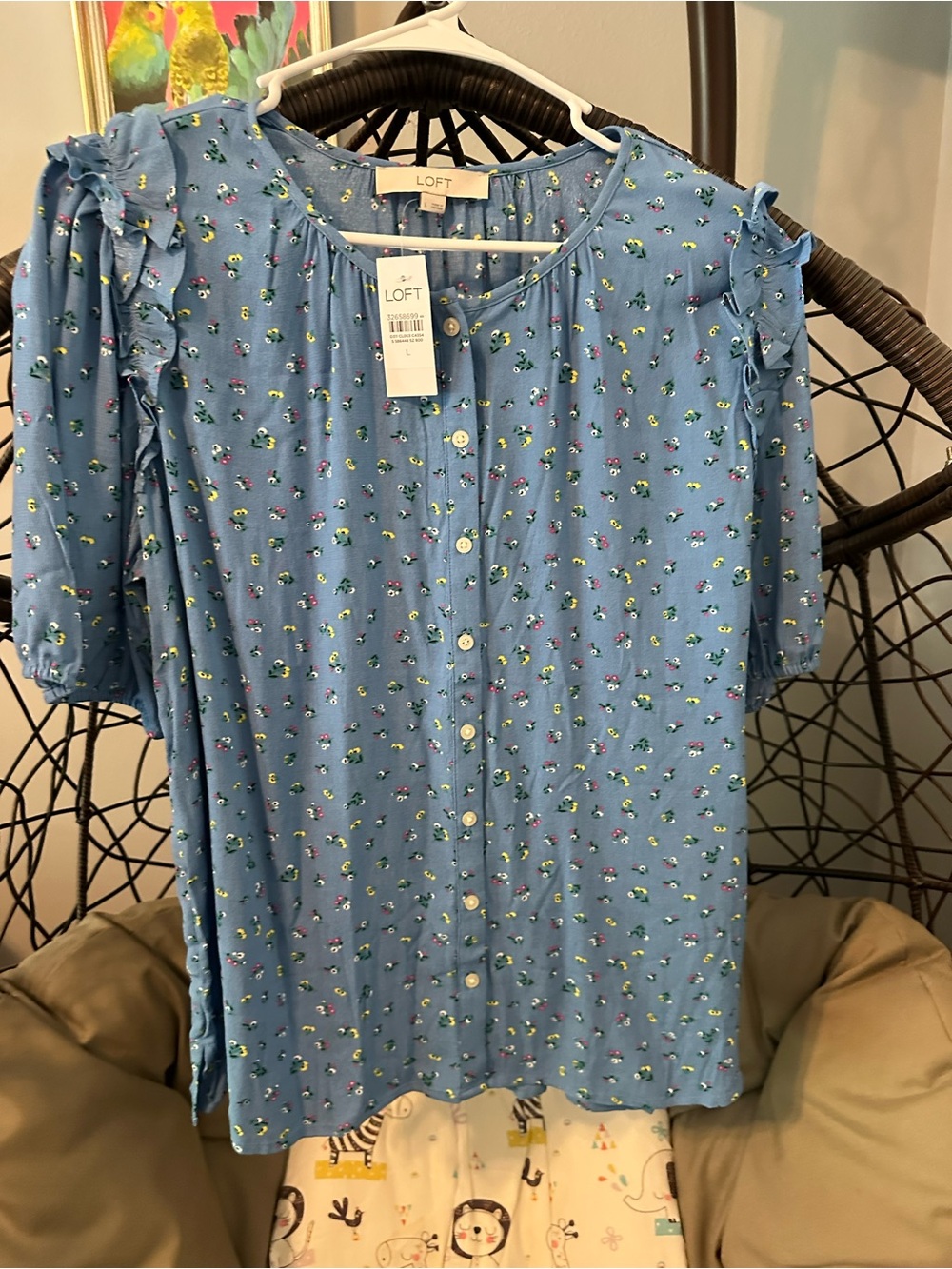 LOFT Blue Floral Button-Front Ruffle Sleeve Blouse